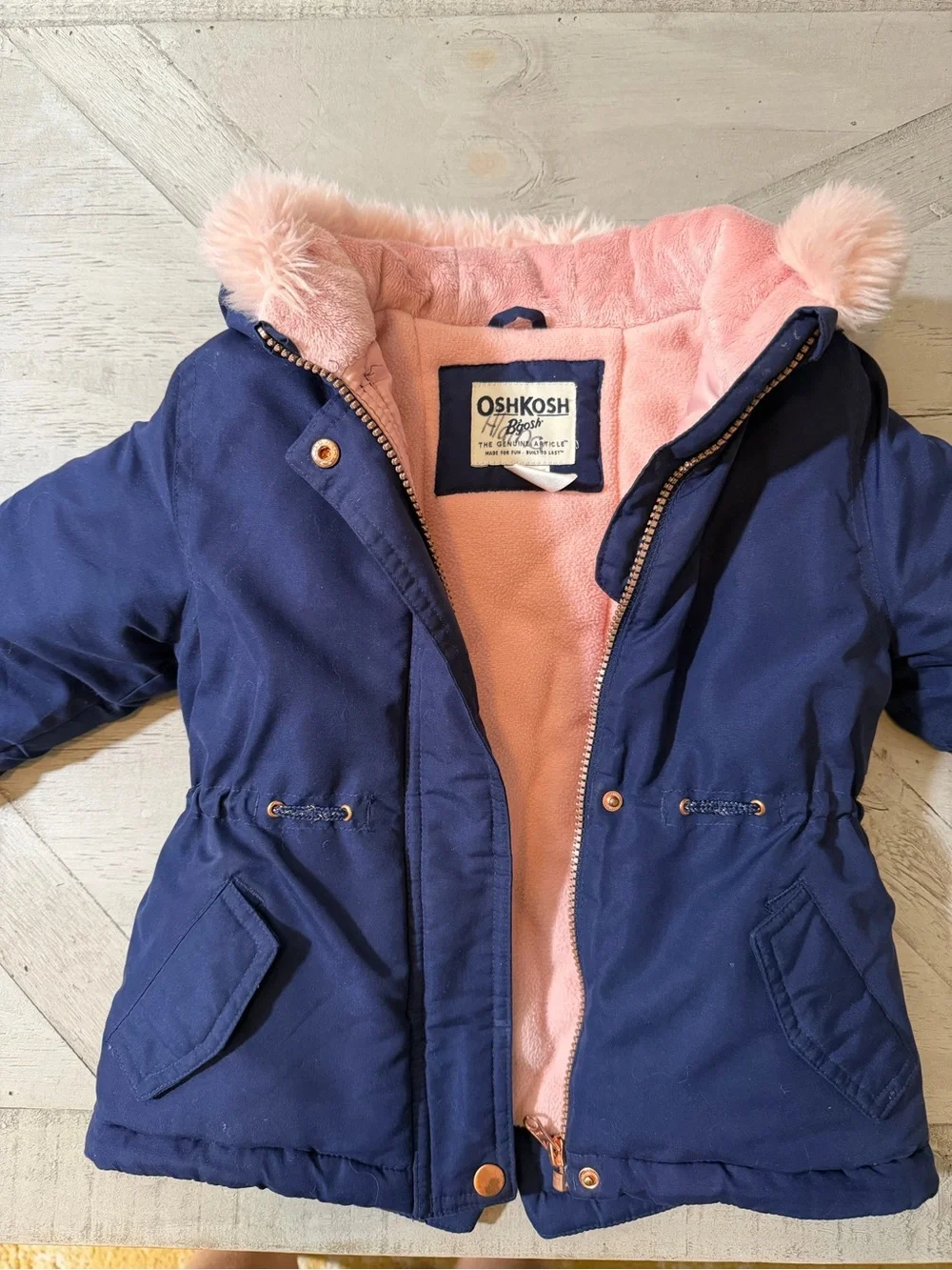 OshKosh B'gosh Navy Jacket with Pink Lining & Faux-Fur Trim Size 4T VGUC